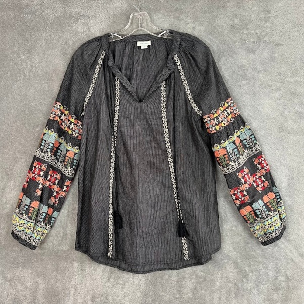 Sundance Embroidered Boho Peasant Blouse Womens S Balloon Sleeve Artisan